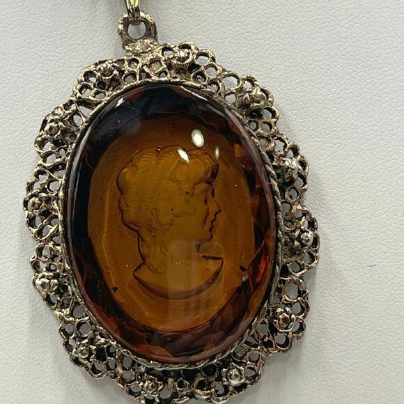 Vintage Brown Topaz Glass CAMEO Intaglio PENDANT Necklace‎ victorian revival - Picture 4 of 7